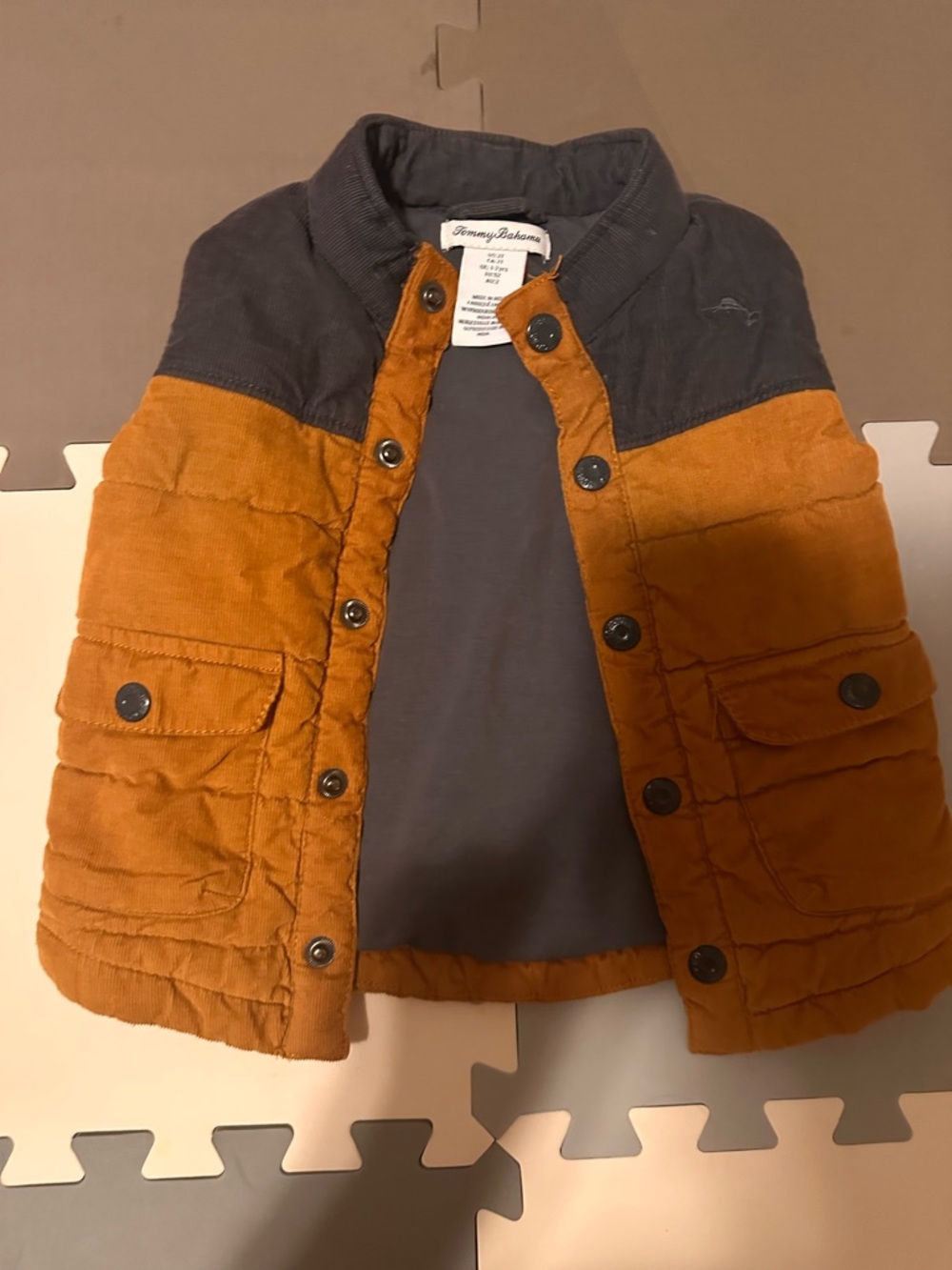 Tommy Bahama Kids Corduroy Puffer Vest in Mustard & Charcoal